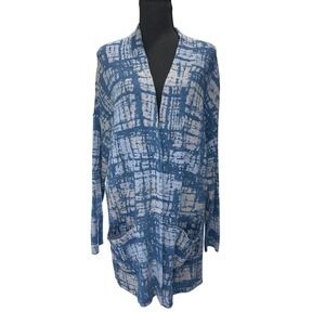 Indigo Pure Jill Women's Blue Tan Plaid Long Open Front Cardigan Sweater M